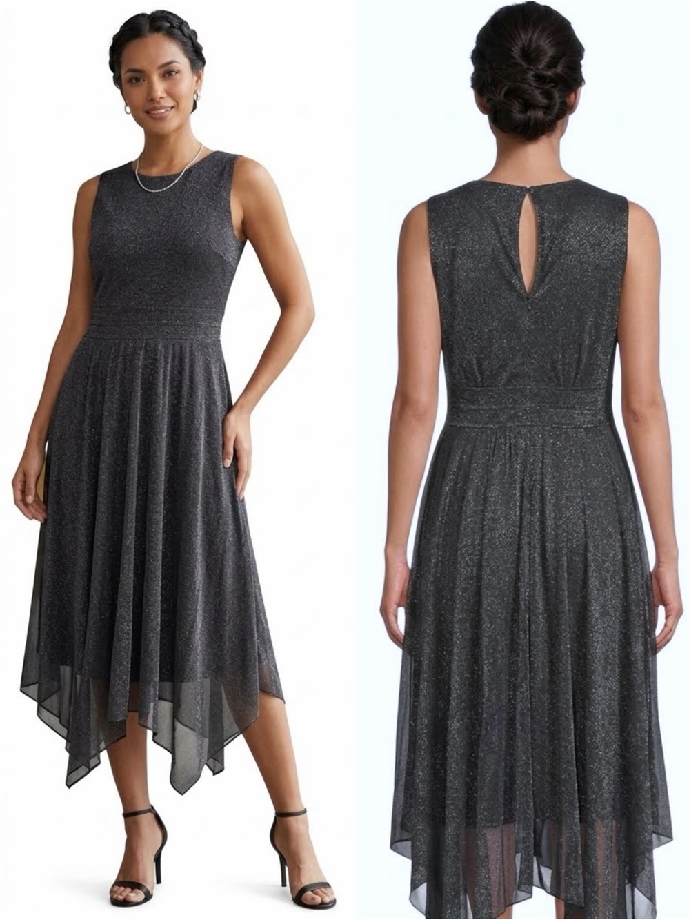 NWT Danny & Nicole Metallic Handkerchief Hem Dress 12 Black Silver Cocktail Midi